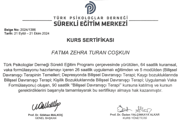 Bilişsel Davranışçı Terapi Kursu sertifikası — Türk Psikologlar Derneği Sürekli Eğitim Merkezi
