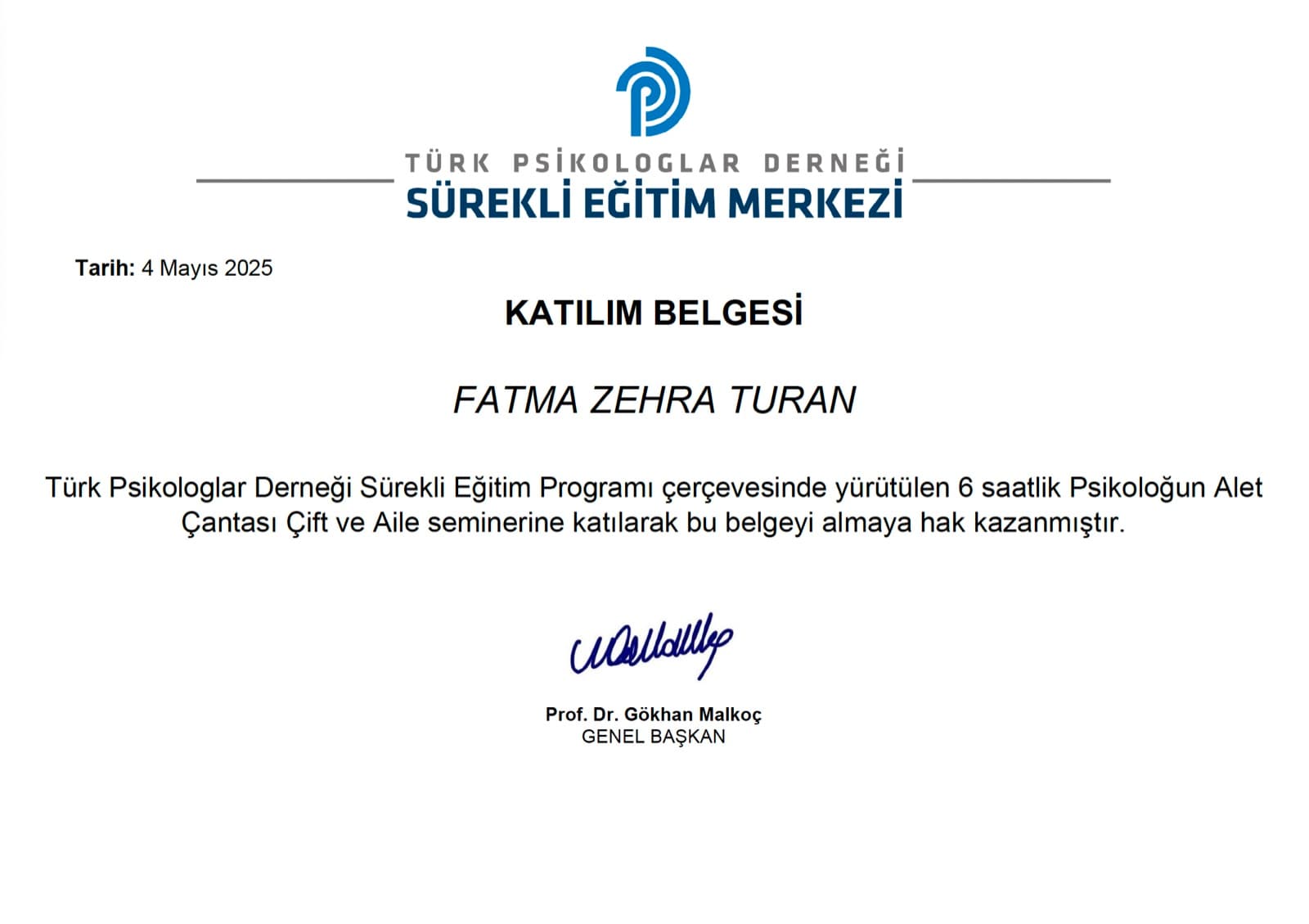 Psikoloğun Alet Çantası: Çift ve Aile Semineri sertifikası — Türk Psikologlar Derneği Sürekli Eğitim Merkezi