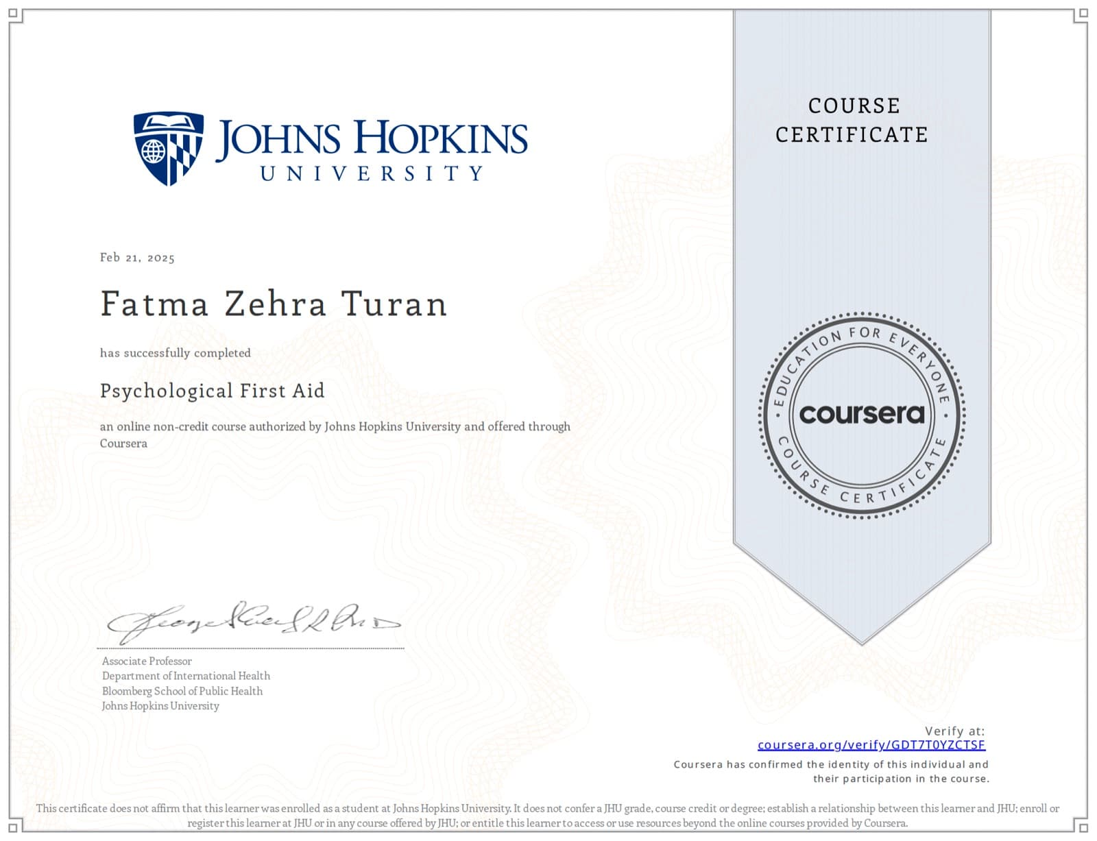 Psychological First Aid sertifikası — Johns Hopkins University (Coursera)