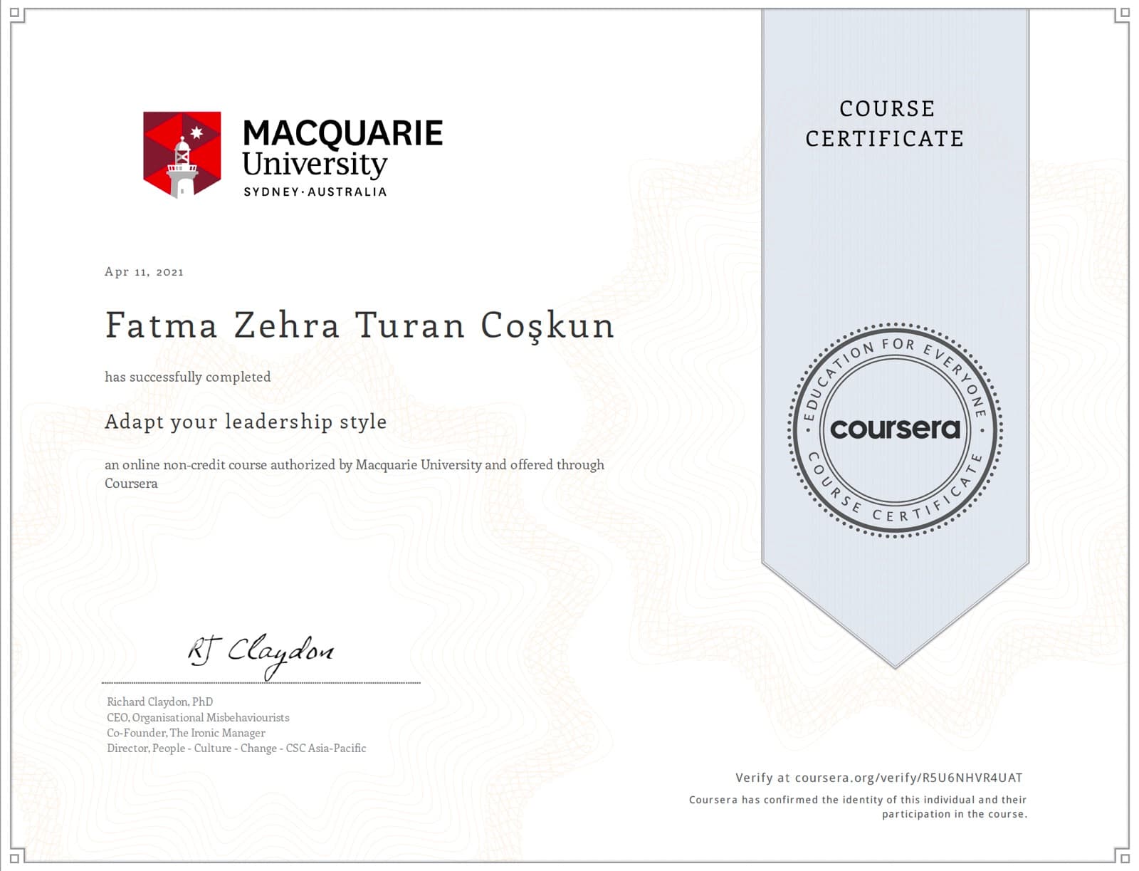 Adapt Your Leadership Style sertifikası — Macquarie University (Coursera)
