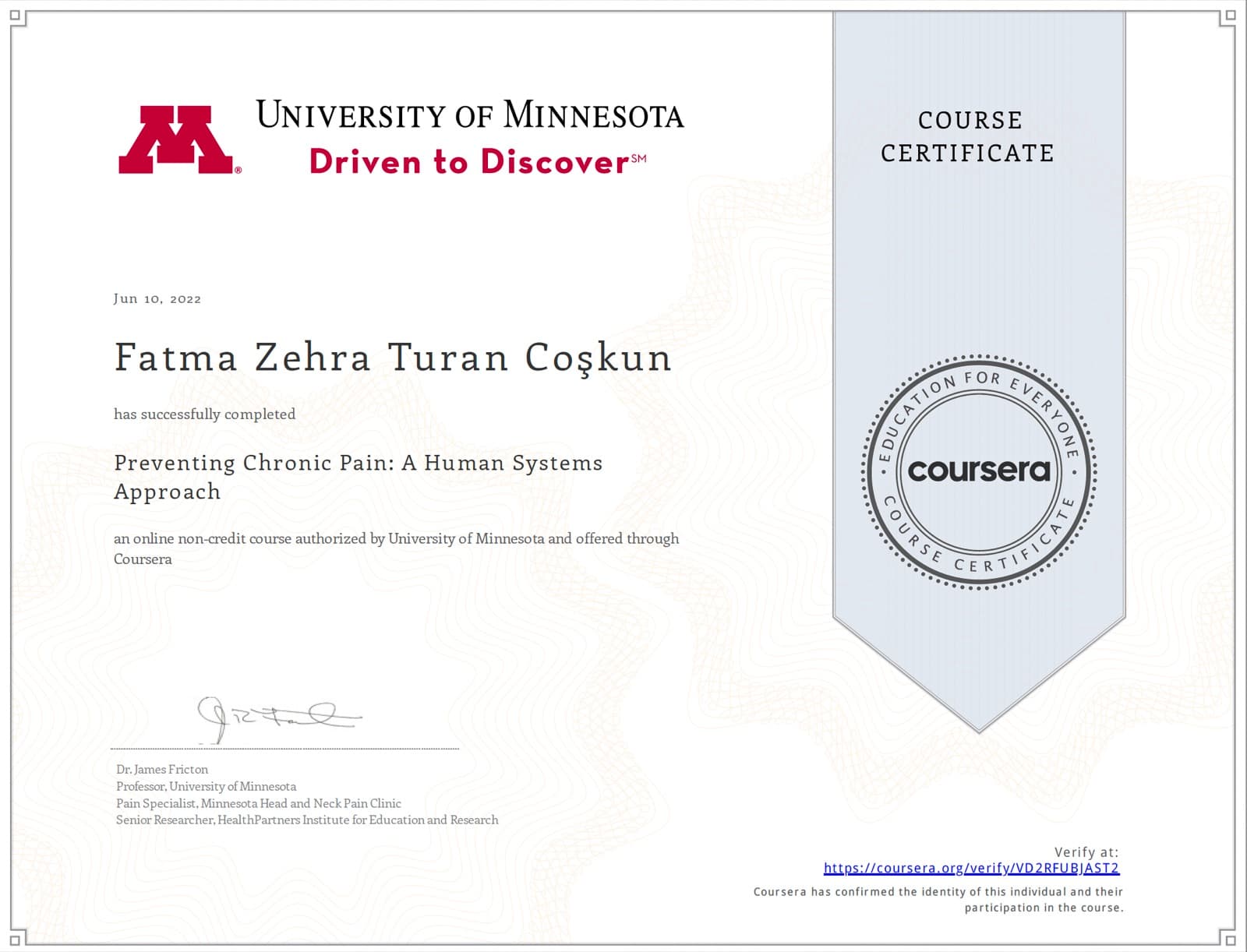 Preventing Chronic Pain: A Human Systems Approach sertifikası — University of Minnesota (Coursera)