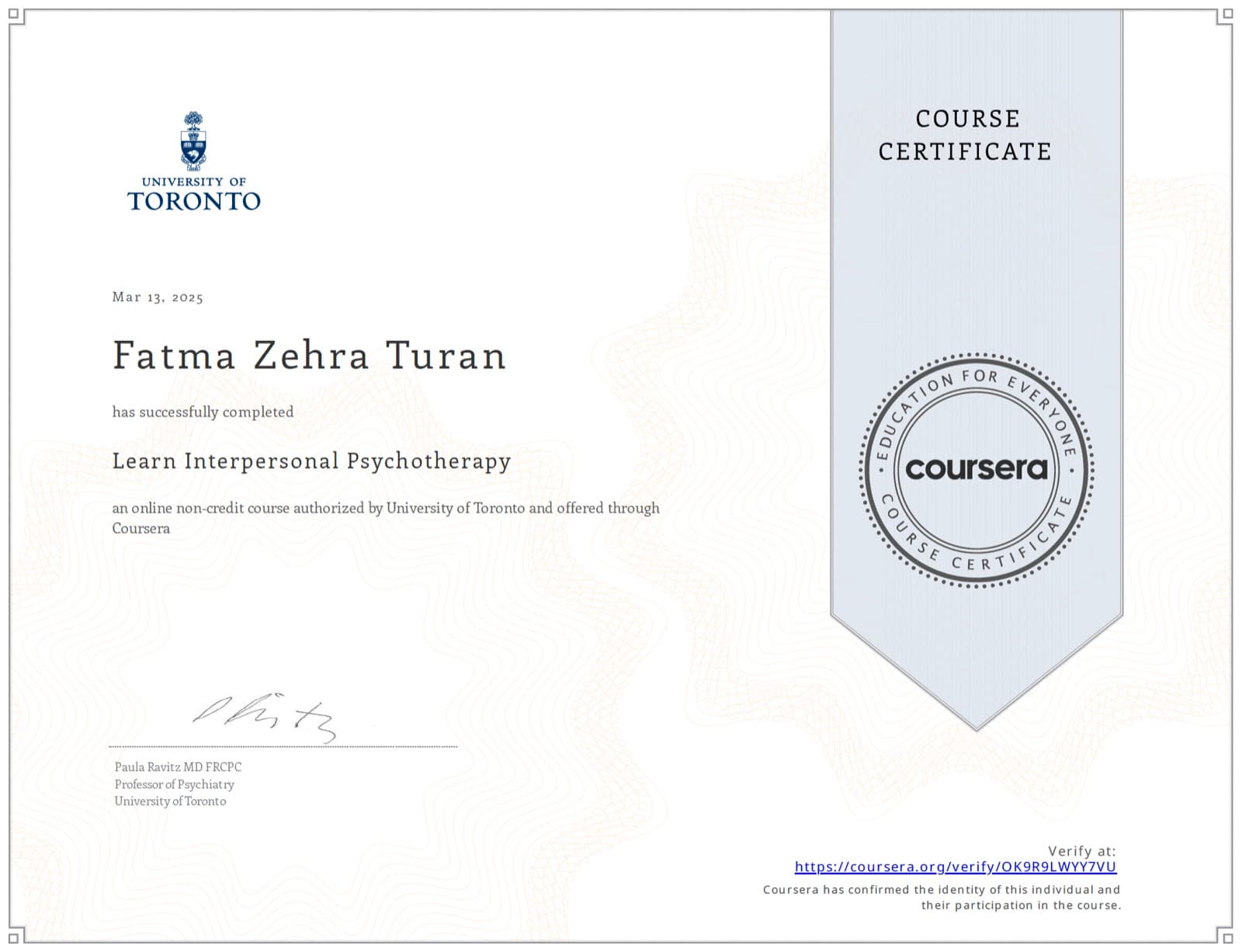 Learn Interpersonal Psychotherapy sertifikası — University of Toronto (Coursera)